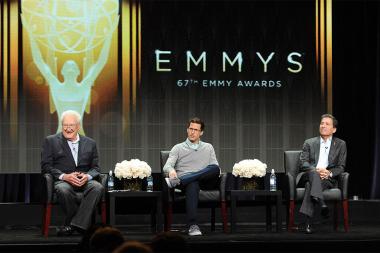 67th Primetime Emmy Awards executive producer Don Mischer, Emmy Awards show host Andy Samberg, and Television Academy chairman and CEO Bruce Rosenblum