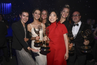 Sarah Shepard, Jen D'Angelo, Erika Hampson, Awkwafina, Alex Brown, Itay Reiss, winners for Outstanding Television Movie for Quiz Lady at the 76th Creative Arts Emmy Awards Governors Gala