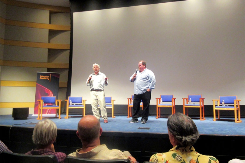 Stuart Bass, A.C.E. and Scott Boyd, A.C.E., Television Academy governors, introduce the panel at the 2015 Prime Cuts.