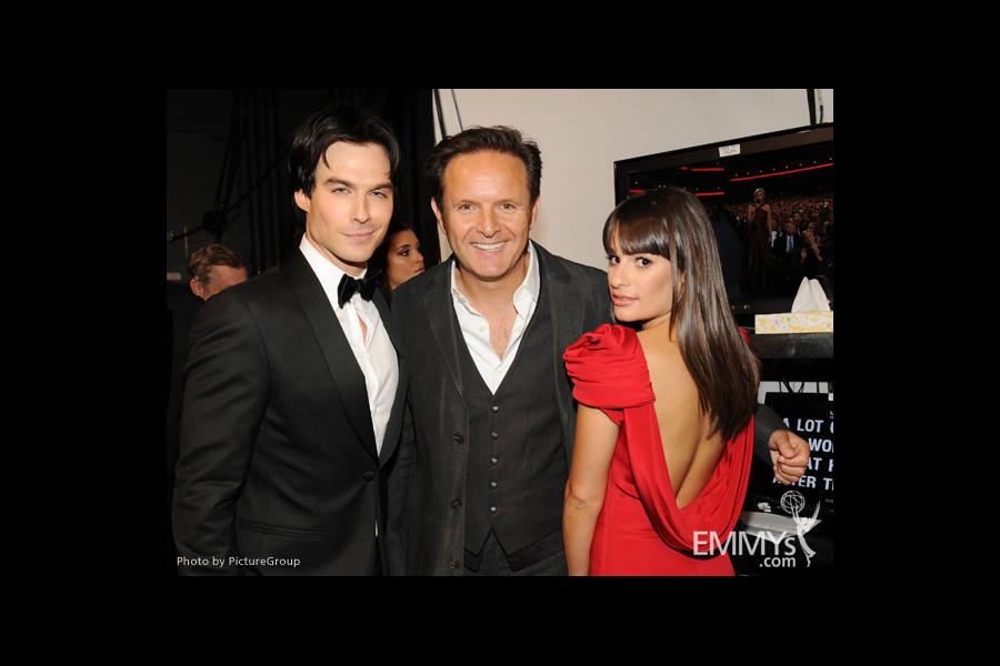 L R Ian Somerhalder Mark Burnett and Lea Michele backstage