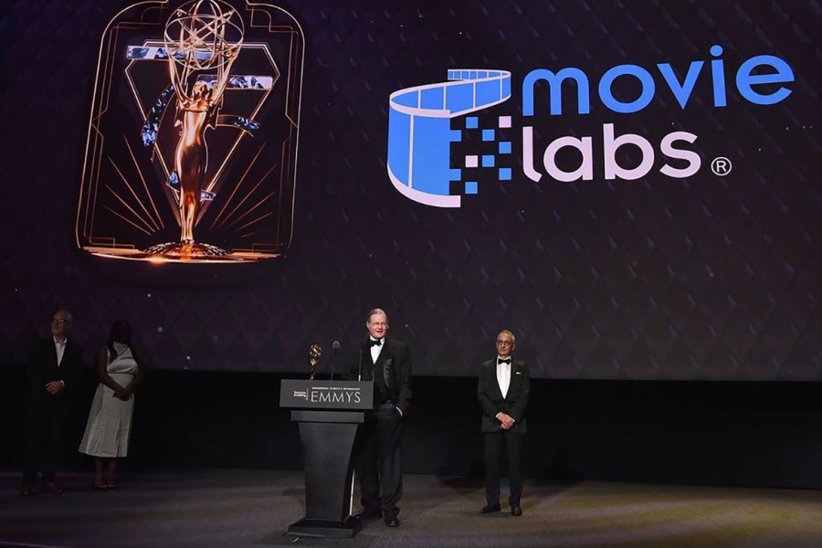 Raymond Drewry and James Helman of MovieLabs accept the Emmy for the ...