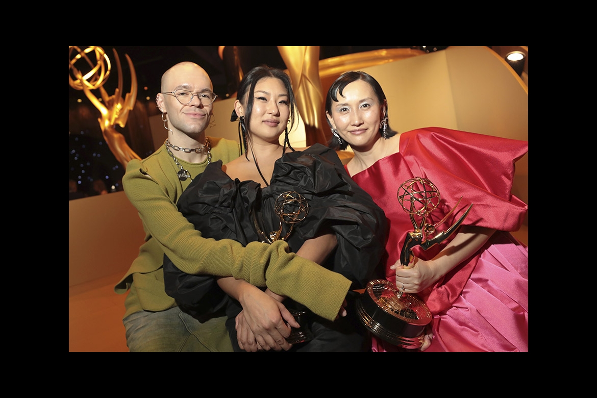 Austin Wittick, YJ Hwang, and Helen Huang, the costume team for BEEF, at the 75th Creative Arts Emmy Awards Governors Gala